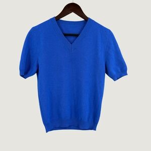 Linnea Lund 100% Cashmere Sweater Small Blue Short Sleeve V Neck Made Italy